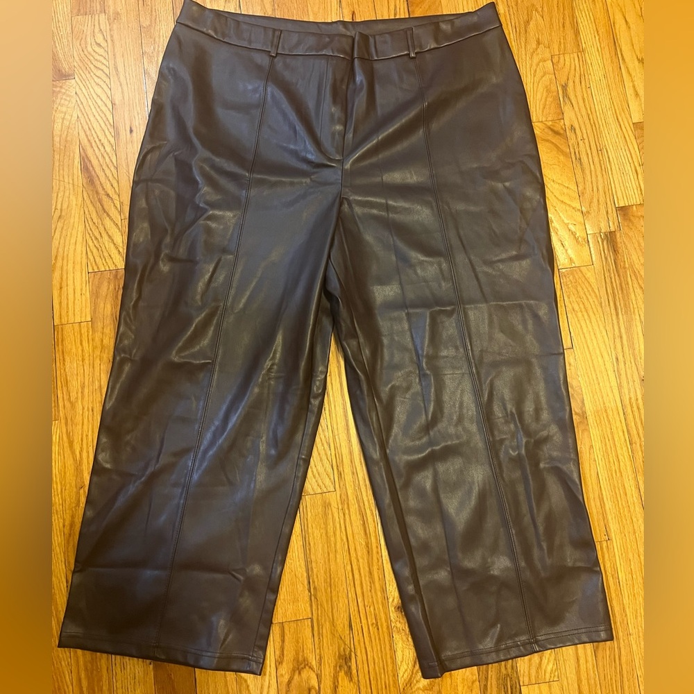 kathy ireland Brown Faux Leather Waistband Detail Pants 2x